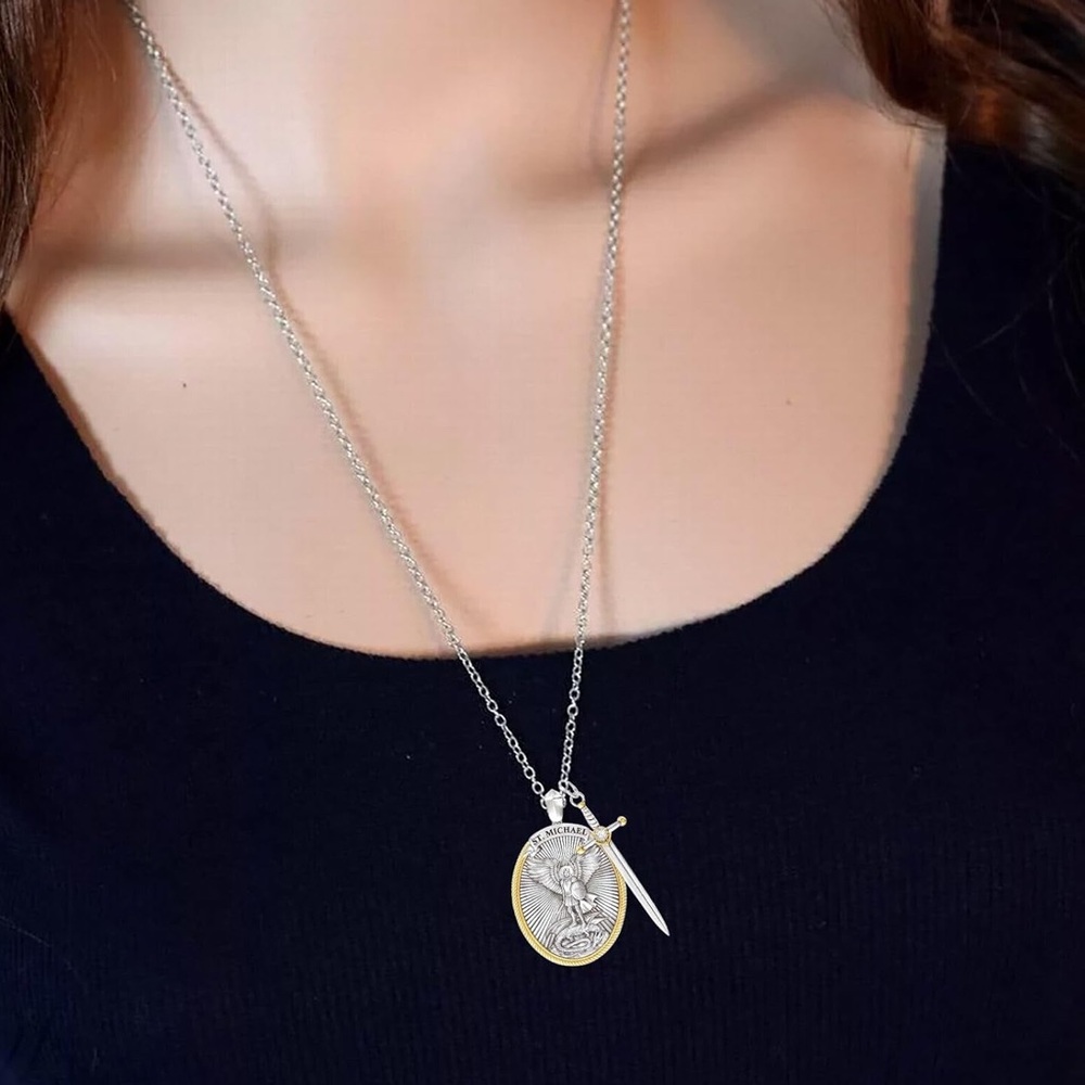 NEW Saint St. Michael Pendant Archangel Pendant Necklace Sword Cross Medal - Picture 2 of 10